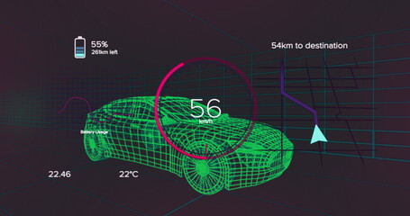 Image of data processing over digital car on black background