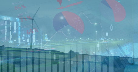 Image of financial data processing over globe and wind turbine