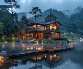House on a lake surrounded by trees