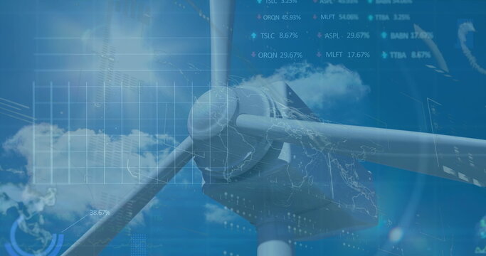 Image of financial data processing over wind turbine