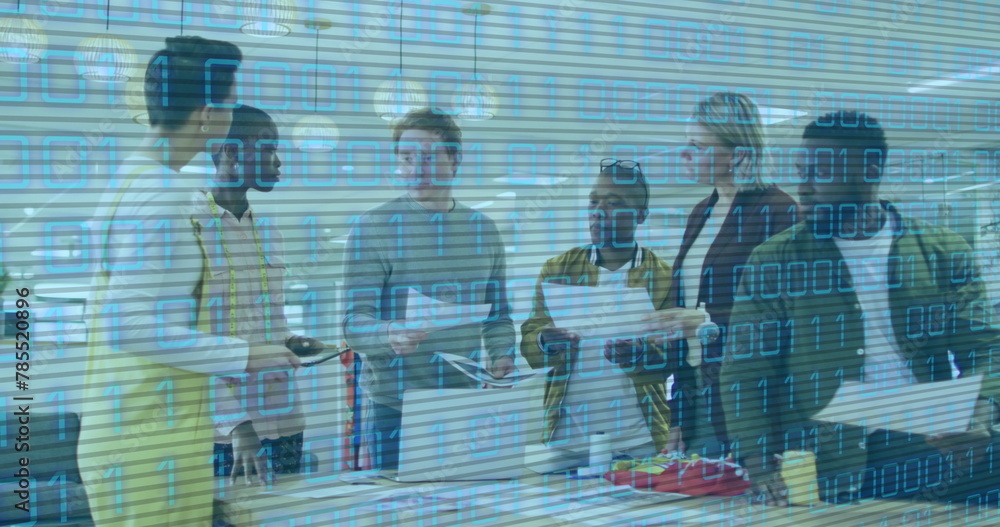 Poster image of binary code over diverse coworkers talking in office