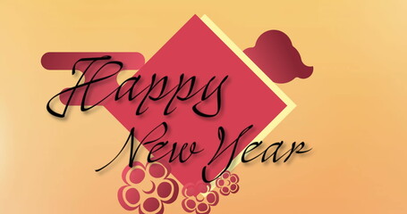 Image of happy new year text in snow falling over falling on pink background