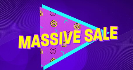 Image of massive sale text over shapes and light spots on blue background