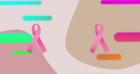 Image of pink ribbons over shapes on beige background