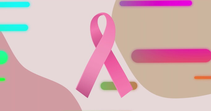 Image of pink ribbons over shapes on beige background - Powered by Adobe