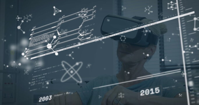 Image of network of connections and data processing over dark background