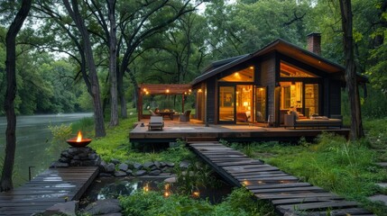 Obraz premium Small cabin with deck and fire pit by the lake