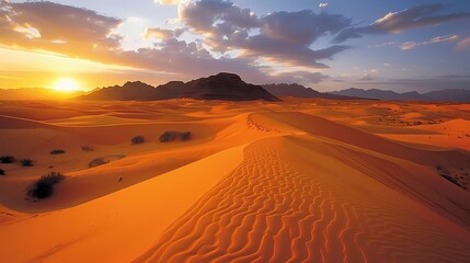 A sprawling desert landscape with towering sand dunes stretching as far as the eye can see, bathed in the golden light of the setting sun - obrazy, fototapety, plakaty