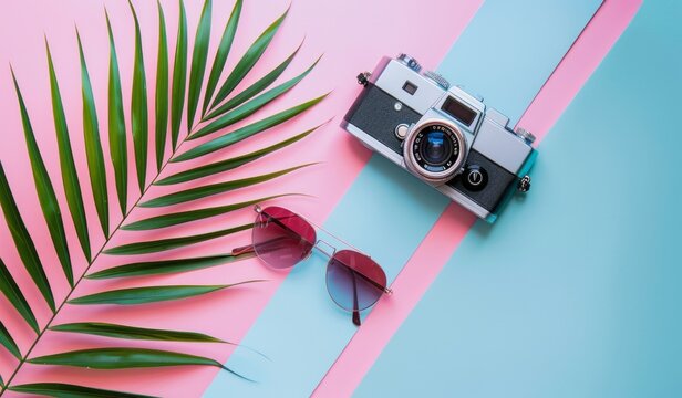 Retro camera, sunglasses, and palm leaf on a pink-blue background. Top view of the minimalistic concept of summer.