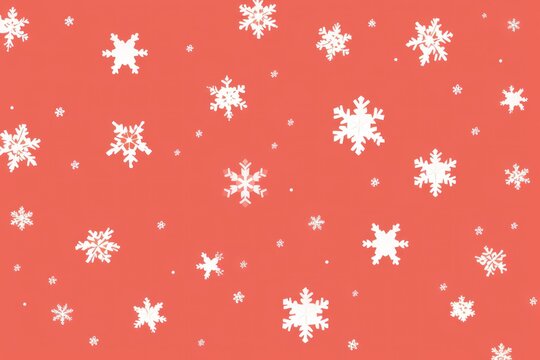 White snowflakes on a coral background, a flat vector illustration in the simple minimalist style of a cute cartoon design with simple shapes