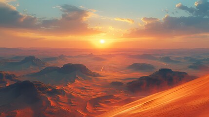 A sprawling desert landscape with towering sand dunes stretching as far as the eye can see, bathed in the golden light of the setting sun - obrazy, fototapety, plakaty