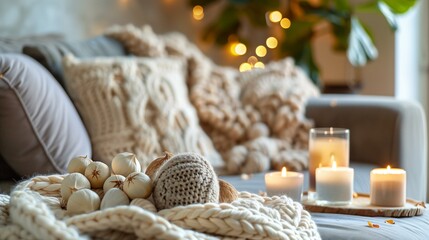 Fototapeta na wymiar Cocooning concept, cozy living room with candles and cozy blanket, home interior table pillow winter fire