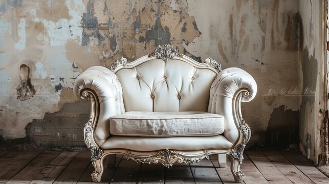 Baroque armchair vintage furniture, vintage chair in room with peeling paint, decoration antique flooring fashion pillow