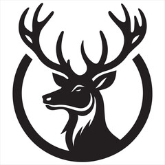 wildlife forest animal portrait logo vector illustration of a majestic deer head with horns stag hart black silhouette isolated on white background.