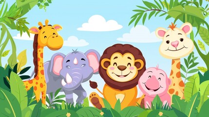 This cartoon modern illustration shows happy monkey, lion, rhino and giraffe welcoming guests to a zoo. Safari animals observation is a good theme for family leisure sites.