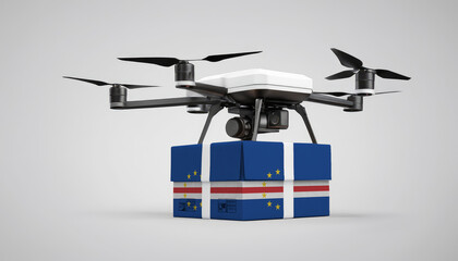 Fototapeta premium A drone carrying a box with the Cape Verde flag, symbolizing the future of e-commerce and logistics