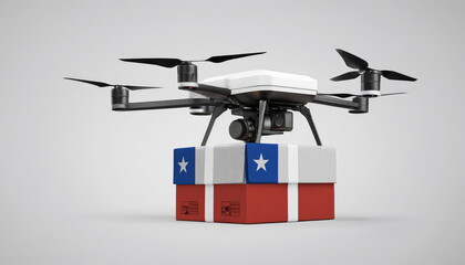 A drone carrying a box with the Chile flag, symbolizing the future of e-commerce and logistics