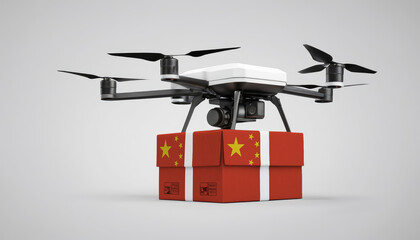 Fototapeta premium A drone carrying a box with the China flag, symbolizing the future of e-commerce and logistics