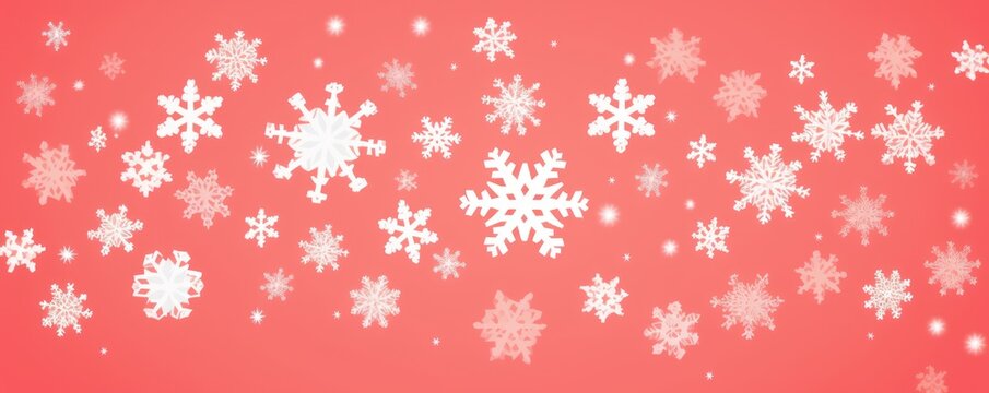 White snowflakes on a coral background, a flat vector illustration in the simple minimalist style of a cute cartoon design with simple shapes