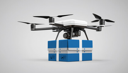 A drone carrying a box with the Honduras flag, symbolizing the future of e-commerce and logistics