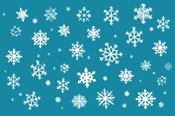White snowflakes on a cyan background, a flat vector illustration in the simple minimalist style of a cute cartoon design with simple shapes