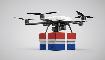 A drone carrying a box with the Paraguay flag, symbolizing the future of e-commerce and logistics