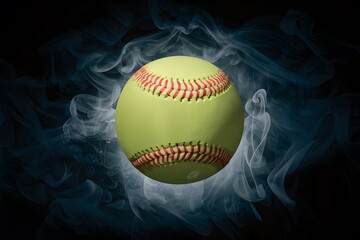 Colorful baseball against mysterious smoky backdrop, striking visual for social media