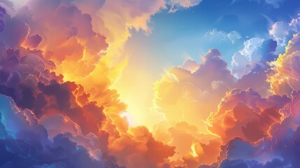 Beautiful sunset sky with realistic cloud texture, modern illustration. Beautiful sunset sky with green, orange, and blue colors, illuminated by sunlight. Natural surroundings. Abstract background.
