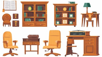 Furniture set for school principals, deans and bosses. Headmaster cabinet interior set with wooden table, chairs, bookcase, printer and certificates in frames. Modern illustration in contemporary