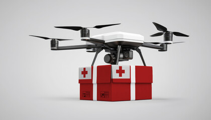 A drone carrying a box with the Tonga flag, symbolizing the future of e-commerce and logistics