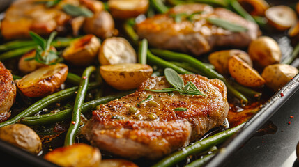 Closeup pork chops with green beans dinner - 785522454