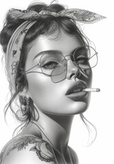 portrait of young woman with tattoo with bandana Rockabella and glasses black and white portrait drawing of girl with cigarette