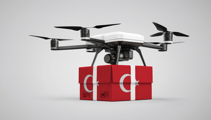 A drone carrying a box with the Turkey flag, symbolizing the future of e-commerce and logistics