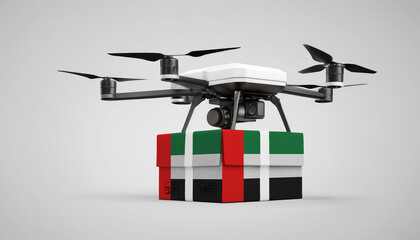 A drone carrying a box with the United Arab Emirates flag, symbolizing the future of e-commerce and logistics