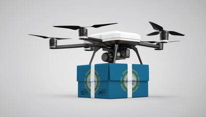 A drone carrying a box with the South Dakota flag, symbolizing the future of e-commerce and logistics