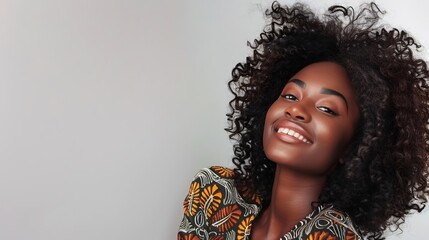  A beautiful mixed race model with curly hair, smiling and posing in front of the camera wearing a denim vest top, hands behind her head against a white background
