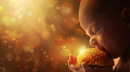 Unborn child shown savoring a burger in the mother's womb, bathed in warm light and satisfaction 02