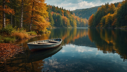 A boat sits calmly in a lake surrounded by trees with fall foliage.

 - obrazy, fototapety, plakaty