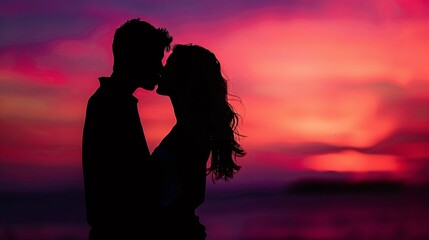 Romantic silhouette of couple kissing under the colorful hues of a sunset