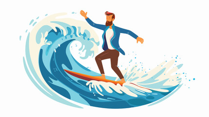 Business man riding waves on surfing board. Surfing b