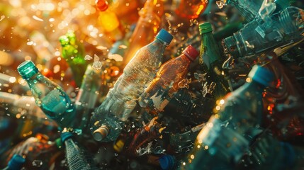 Clutter of discarded plastic bottles with a subtle call to sustainability - obrazy, fototapety, plakaty