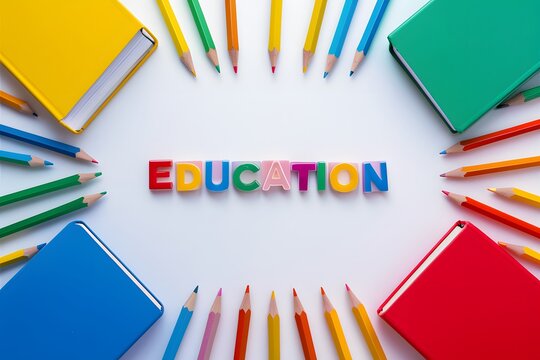 Colorful textbooks and bright pencils on white background, symbolizing education tools and workspace