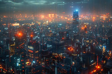 Cyberpunk Cityscape at Night with Rain and Neon Light