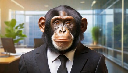 chimpanzee in black suit front portrait at office interior. monkey businessman with computer monitors on table as background