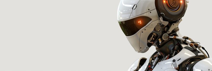 Futuristic white ai humanoid robot portrait with copy space, technology concept.