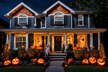 Funny orange pumpkins and white Halloween ghosts decoration on the path leading to the house. - obrazy, fototapety, plakaty