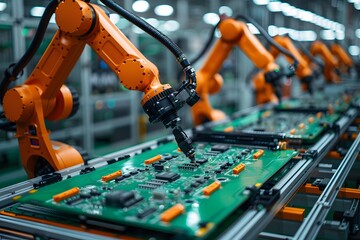 Precision Engineering: Orange Robotic Arms Assembling Electronic Components on a Production Line