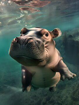 Joyous baby hippo swimming, surprisingly fluffy underwater, big curious eyes in the river