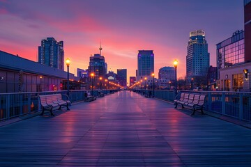 Tranquil City Boardwalk at Sunset with Urban Skyline