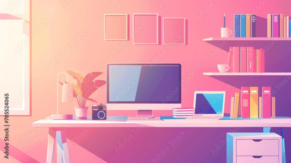 Poster an artist's home office with a computer and graphing tablet on the desk and books and a camera on th